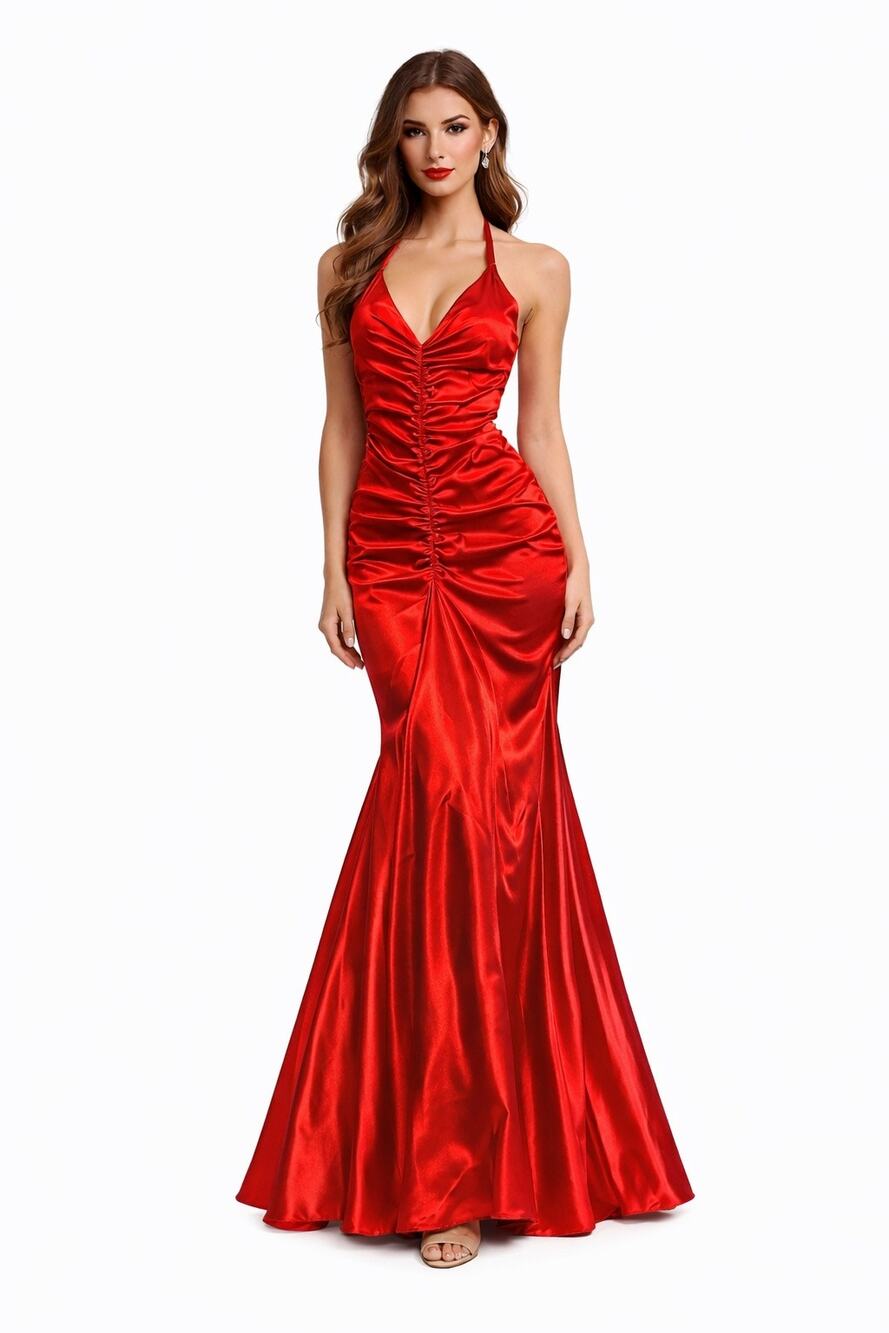 Vintage 1990s Jessica McClintock Red Ruched Halter Gown small